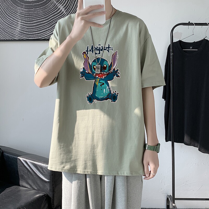 T1761P25 港风100%棉2021新款短袖T男涂鸦史迪仔印花青春休闲T恤图片
