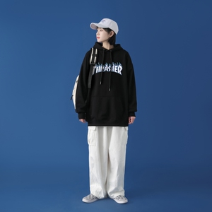 L2844P48中性模特2021外套男卫衣秋新款港风ins连帽套头印花卫衣图片