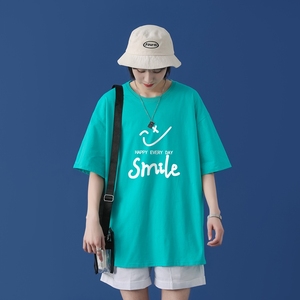 T1794P25中性女模纯棉2021男线条笑脸英文印花短袖T恤宽松T恤图片