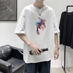 T1547P25港风英伦印花圆领T恤男加大加肥港风模特男士宽松T恤