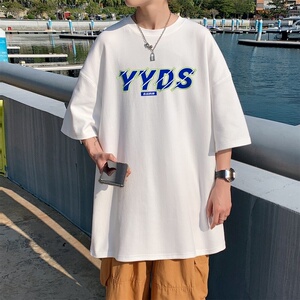 T3299P25男士港风T恤永远的神字母印花T落肩款宽松T恤克莱因蓝男T图片