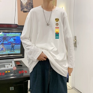 C2858P30男长袖t恤春季打底衫长袖纯棉春季港风印花宽松潮流上衣,白色裙子怎么搭配长袜图片