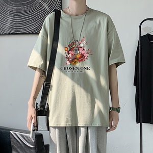 T1546P25港风英伦印花圆领T恤男加大加肥港风模特男士宽松T恤图片
