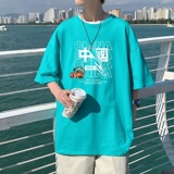 T3302P25男士男士港风T恤落肩款宽松T恤克莱因蓝男T风印花T恤，男装T恤，星座510A-1