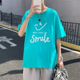 T1794P25港风室外纯棉2021男线条笑脸英文印花短袖T恤宽松T恤，男装T恤，星座510A-1