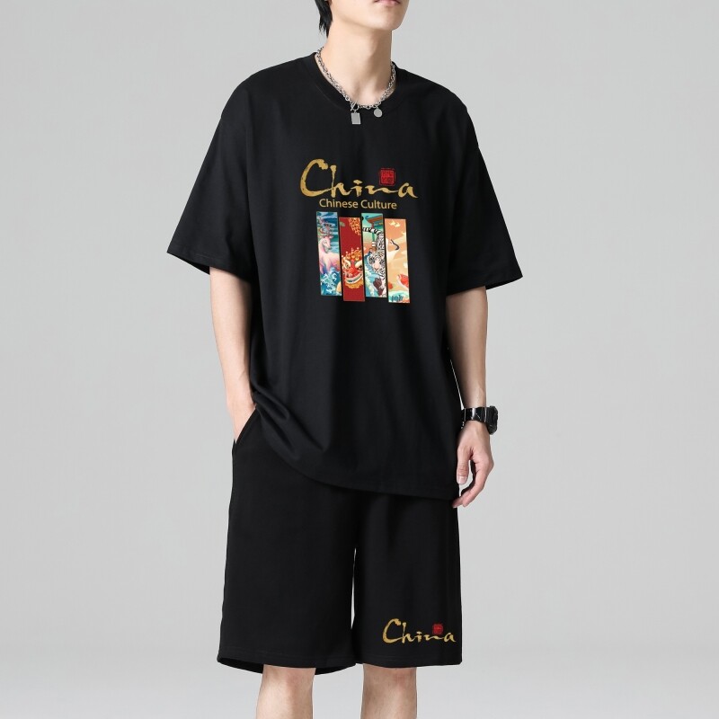TZ3887男夏季薄款潮牌短裤休闲运动套装轻奢时尚感男士短袖t恤,男装休闲套装,星座510A-1