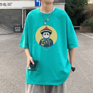 T3675已爆 克莱因蓝T圆领卡通印花T恤男港风T恤落肩款宽松T恤图片