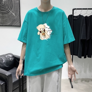 T1753P25 港风100%棉2022新款短袖T恤男潮牌小熊印花青春休闲T恤图片