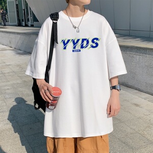 T3299P25落肩款宽松T恤克莱因蓝男T永远的神字母印花T男士港风T恤图片