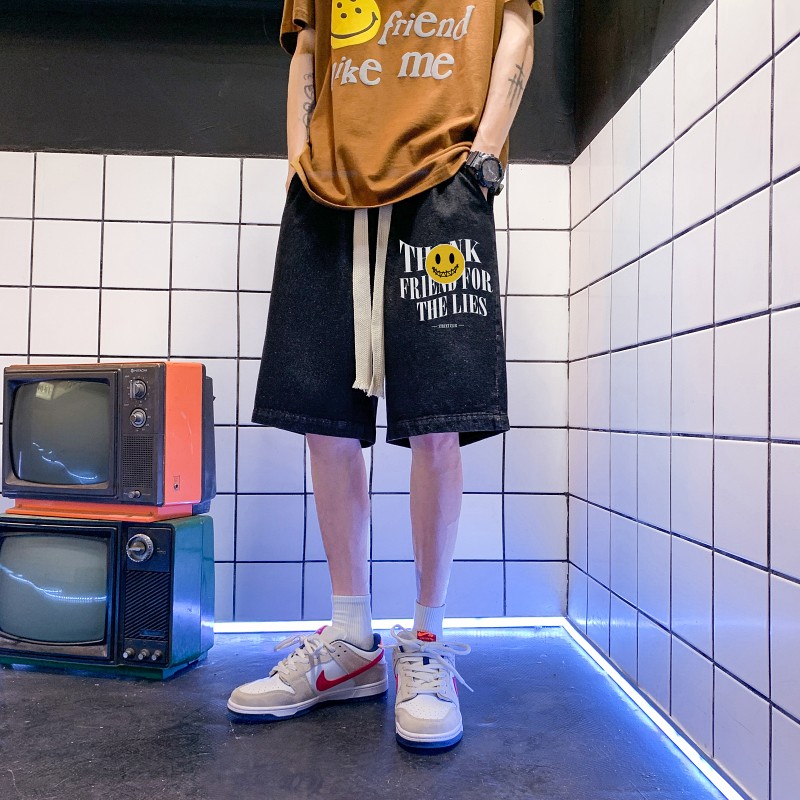 DN3908浴室景牛仔短裤男宽松休闲韩版日系港风潮牌工装短裤男,男装牛仔裤,星座510A-1