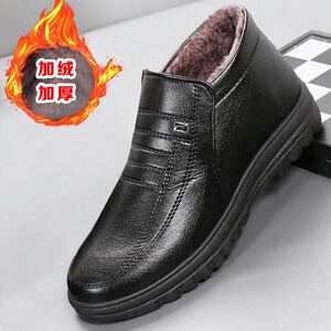 1103P35冬季加绒男皮鞋中老年保暖休闲鞋防滑厚底懒人鞋男爸爸鞋图片