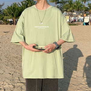 T3468P25落肩款宽松T恤克莱因蓝T圆领T恤男英文印花港风T恤图片