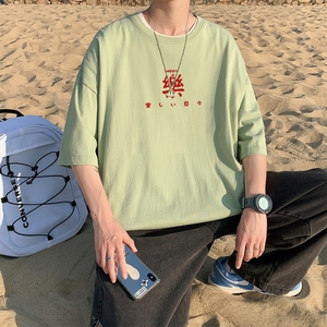 T3301P25男士港风T恤落肩款宽松T恤潮流印花男T中性风印花T恤男士图片