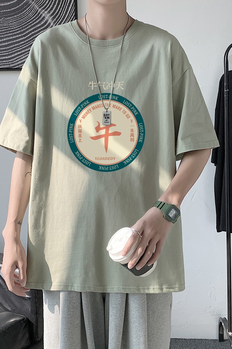 T1683P25港风100%棉2022新款短袖T恤男印花青春休闲,男装T恤,星座510A-1
