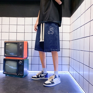 DN3808港风潮牌工装短裤男牛仔短裤男宽松休闲韩版日系港风,男士深卡其色直筒裤搭配图片