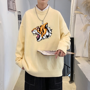 MD2892P55男春秋季ins潮流慵懒风印花圆领毛衣休闲打底针织衫外套图片