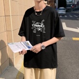 T3465落肩款宽松T恤克莱因蓝T圆领卡通英文印花T恤男港风T恤，男装T恤，星座510A-1