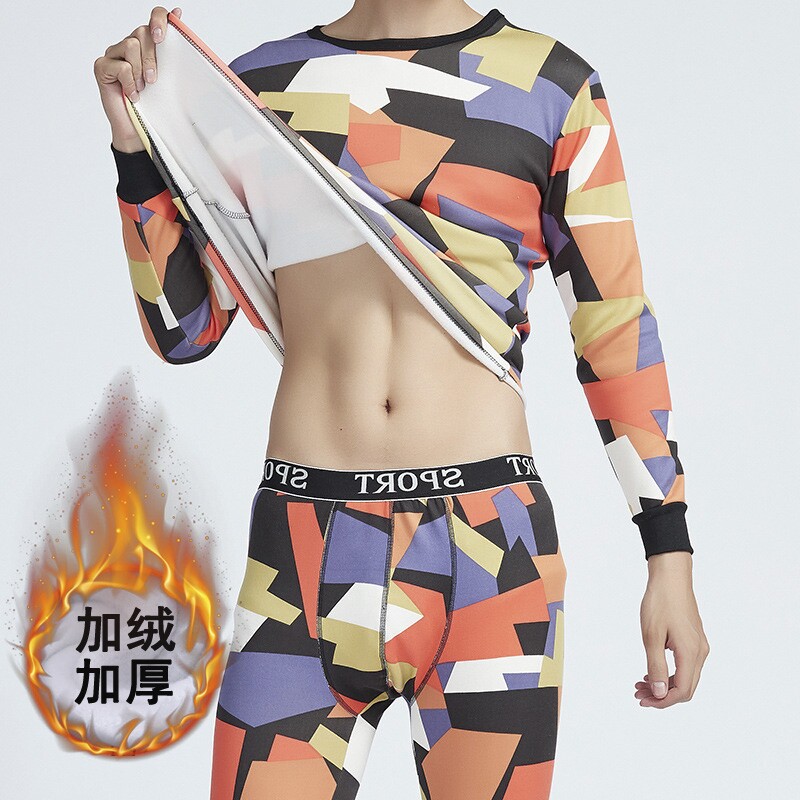 NI1268P38保暖拼色男加绒套装加厚迷彩保暖牛奶绒潮流印花内衣,居家内衣保暖内衣,星座510A-1