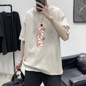 T1763P25 港风100%棉2022新款短袖T恤男长条小猪印花青春休闲T恤图片