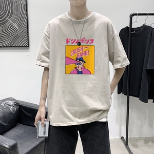 T1760P25 港风100%棉2022新款短袖T恤男日文男孩印花青春休闲T恤图片