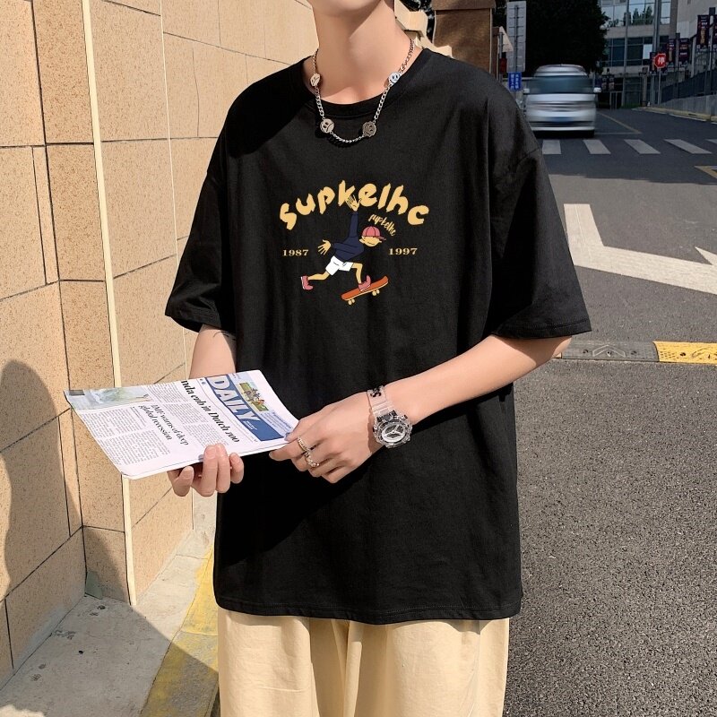 T3466P25克莱因蓝T滑板少年印花T恤男港风T恤落肩款宽松T恤,男装T恤,星座510A-1