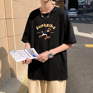 T3466P25克莱因蓝T滑板少年印花T恤男港风T恤落肩款宽松T恤图片