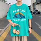 T3673P25已爆男港风T恤圆领卡通印花T恤落肩款宽松T恤克莱因蓝T，男装T恤，星座510A-1
