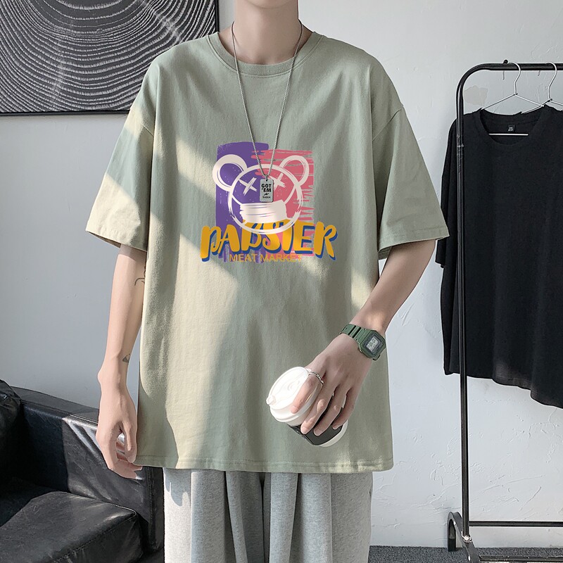 T1734P25 港风 100%棉 2022新款短袖T恤男潮牌小熊印花青春休闲图片
