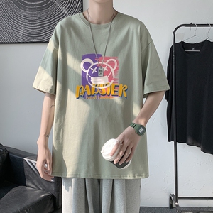 T1734P25港风100%棉2022新款短袖T恤男潮牌小熊印花青春休闲