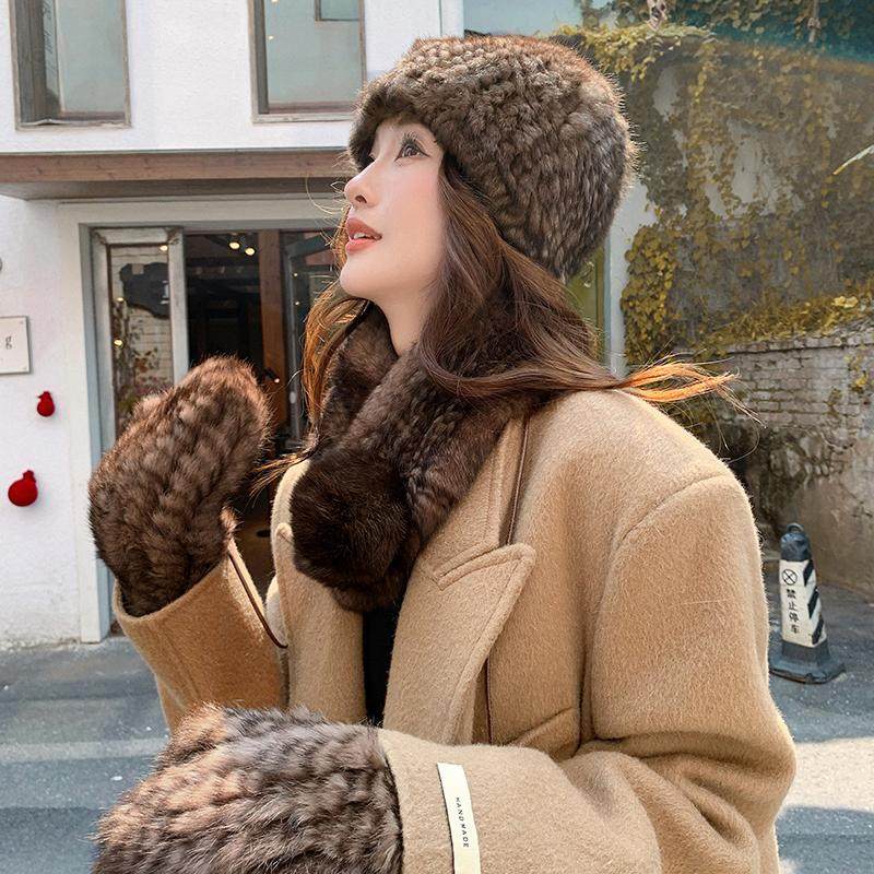 兔毛帽子围脖手套三件套冬季女保暖皮草围巾挂脖手套百搭套装新款
