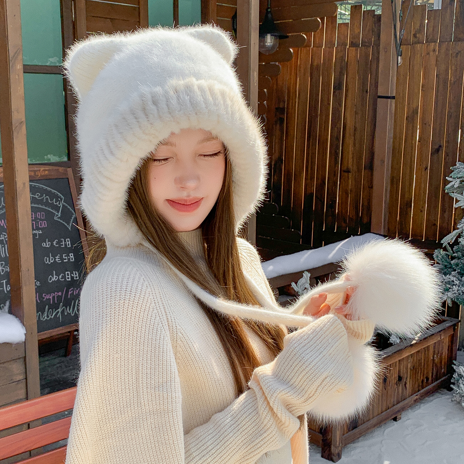 水貂毛+毛线帽可爱小熊针织帽女