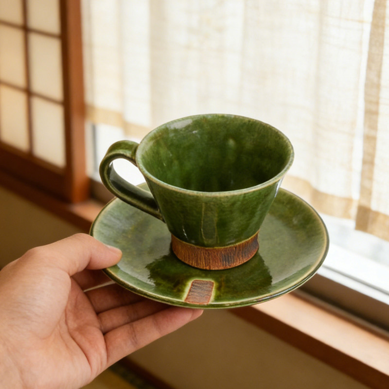 日本进口美浓烧织部绿釉套杯创意陶瓷复古咖啡杯碟侘寂下午茶杯子