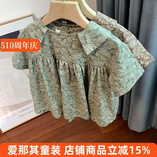 6321女童短袖上衣夏季薄款棉麻娃娃衫衬衫110-150cm