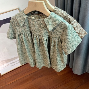上衣夏季 110 薄款 衬衫 150cm 棉麻娃娃衫 6321女童短袖