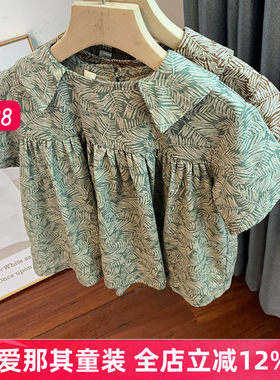 6321女童短袖上衣夏季薄款棉麻娃娃衫衬衫110-150cm