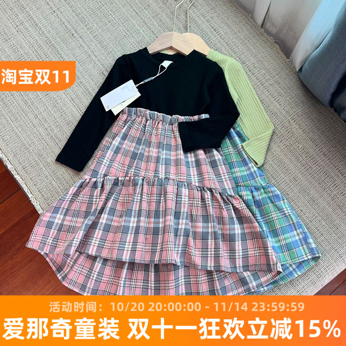 600女童长袖连衣裙春秋夏季薄款拼色格子裙110-150cm