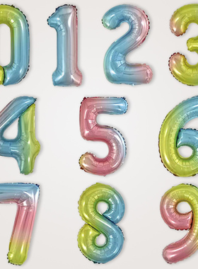 16寸瘦款渐变彩虹色小清新风格仿美数字铝箔气球儿童生日百日宴装
