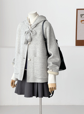 秋冬减龄韩系灰色格雷系学院风连帽郁金香羊毛大衣外套HL43-2