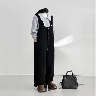 冬新双面羊毛呢背带裤女中长款