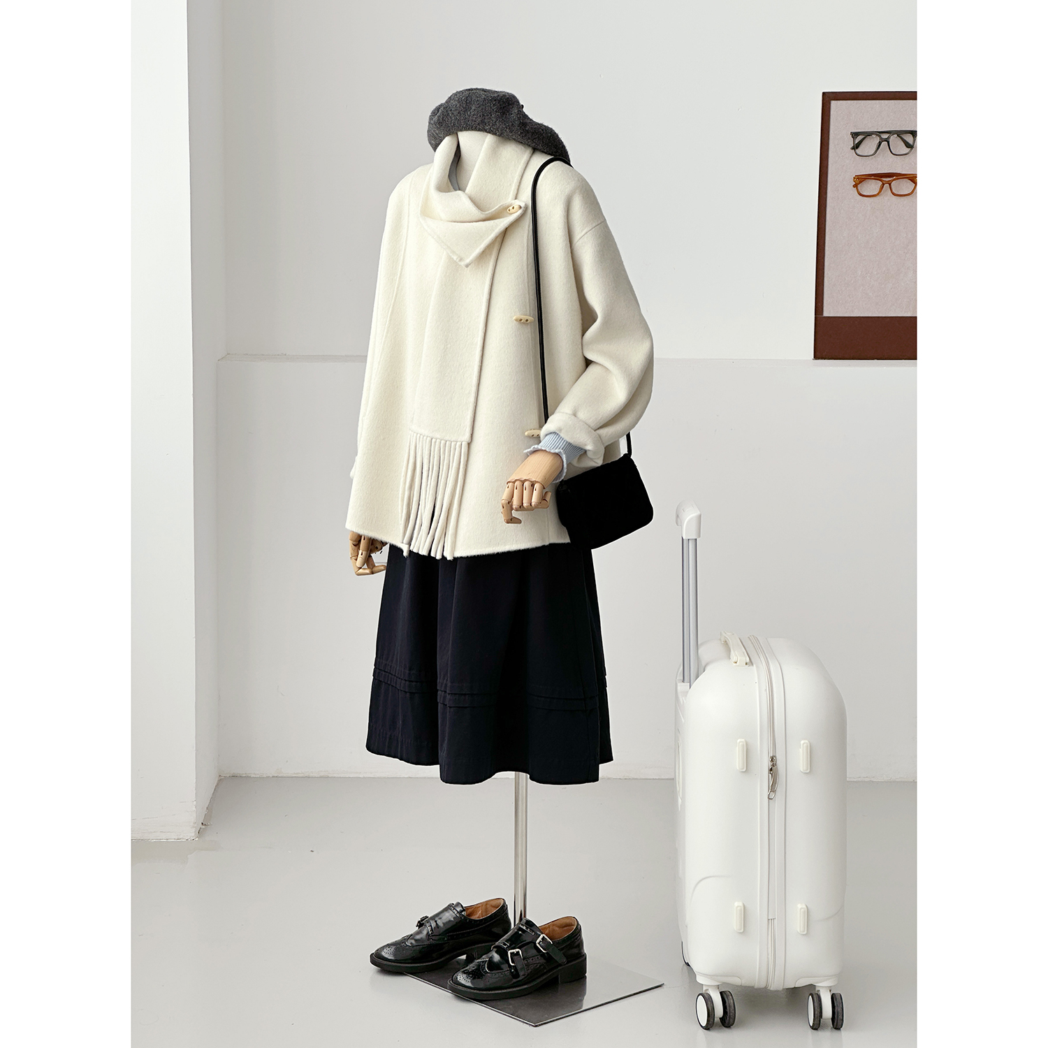 温柔风围巾领双面呢混白大衣女宽松气质山羊绒毛呢外套HL149