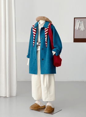 学院风西装领毛呢大衣女中长款蓝色减龄百搭外套HL159-1