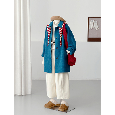 学院风西装领毛呢大衣女中长款蓝色减龄百搭外套HL159-1