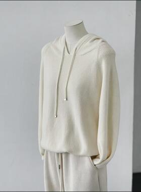 冬新连帽长袖宽松女套头针织衫奶白色休闲减龄百搭舒适柔软XHS09