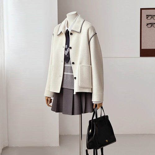 秋冬新显瘦休闲减龄小个子学院风翻领短款羊毛毛呢大衣外套FS07