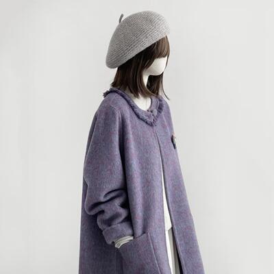 春冬新双面羊绒大衣女中长款小个子羊毛呢外套花边减龄学院紫色