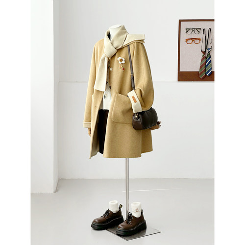 【奶酪甜心】秋冬减龄韩系学院风带围巾百搭绵羊毛大衣外套HL140