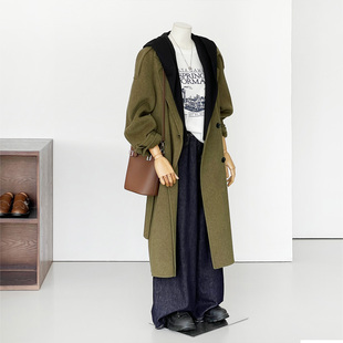 秋冬显瘦连帽可拆卸中长款 职场休闲减龄少女绿色毛呢大衣外套yz03