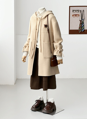 秋冬减龄小个子韩系学院风连帽蝴蝶结甜美手缝绵羊毛大衣外套FS11