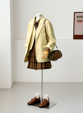 满减学院风毛呢外套女黄色假两件西装领大衣秋冬小个子韩系HL154