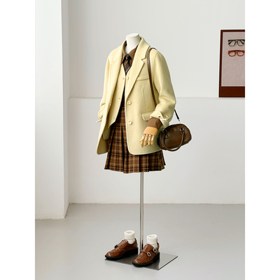 满减学院风毛呢外套女黄色假两件西装领大衣秋冬小个子韩系HL154